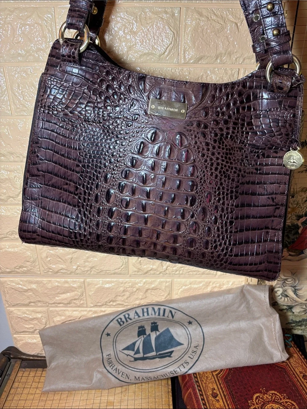 Brahmin Croc-Embossed Leather Shoulder Bag in Dark Brown w Burgundy Tones